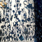 الأزرق الداكن 3D تطريز الأزهار أقمشة الدانتيل لفستان السهرة حزب